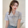Women Summer Two 2 Piece Set Korean Style Elegant Single Breasted Tassle Short Sleeve Tops and High Waist Bodycon Mini Skirt