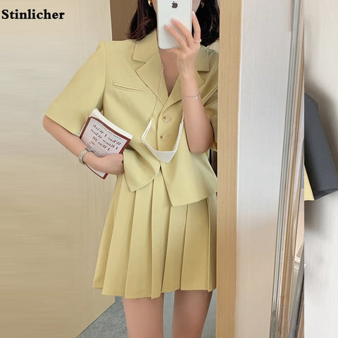 Women Summer Two 2 Piece Set Loose Suit Blazer + JK Skirt Harajuku Style Short Sleeve Coat High Waist Pleated Mini Skirt 2023