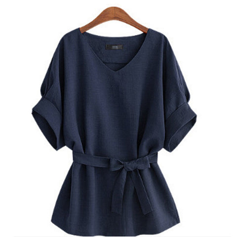 Women Summer V Neck Big Bow Blouses Linen Tunic Shirt Batwing Tie Loose Ladies Blouse Female Top For Tops 4 Colors