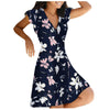 Women Summer V-neck Dresses Female Printing Short Sleeve Zipper Pullover Black Dress Ladies Large Size Midi Floral Dress Vestido