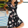 Women Summer V-neck Dresses Female Printing Short Sleeve Zipper Pullover Black Dress Ladies Large Size Midi Floral Dress Vestido