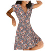 Women Summer V-neck Dresses Female Printing Short Sleeve Zipper Pullover Black Dress Ladies Large Size Midi Floral Dress Vestido