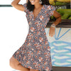 Women Summer V-neck Dresses Female Printing Short Sleeve Zipper Pullover Black Dress Ladies Large Size Midi Floral Dress Vestido