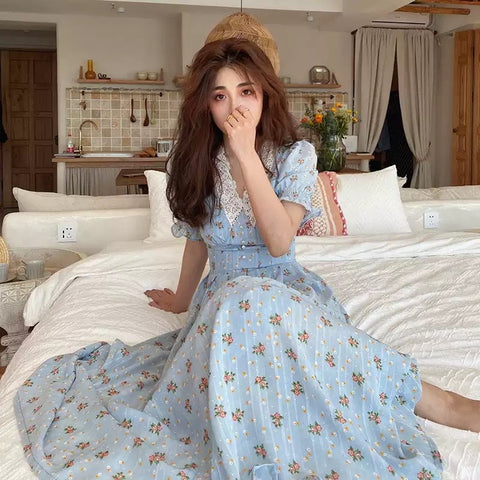 Women Summer Vintage Elegant Lace Chiffon Deep V Neck Puff Sleeve Midi Party Sweet Floral Dress Plus Size S-5XL