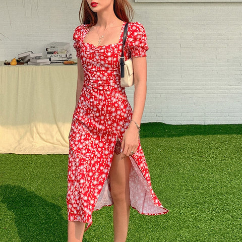 Women Summer Vintage Party Dress Lady France Style Puff Sleeve Floral Print Square Collar Side Split Midi Dress Vestido 2022