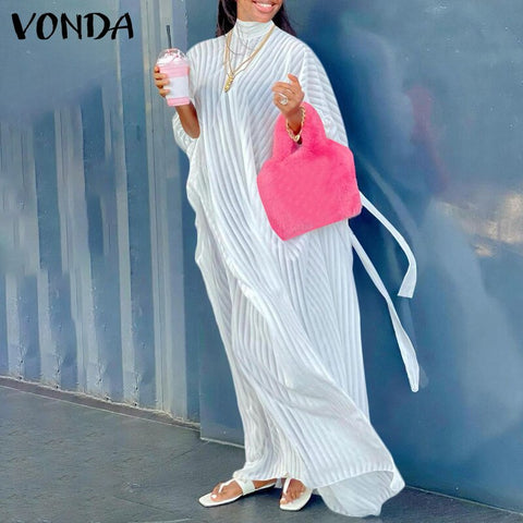 Women Sundress Summer Long Sleeve Holiday Party Striped Dress VONDA 2023 Mock Neck Elegant Maxi Dresses Vestidos Oversized