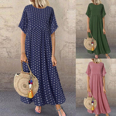 Women Sundress Vintage O-Neck Long Maxi Dress Female Casual Dot Pinted Summer Beach Dress Boho Dresses Vestidos Robe