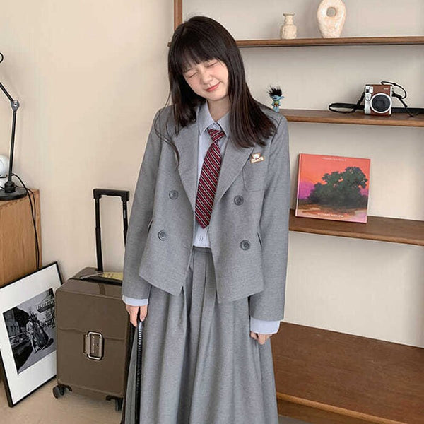 Women Sweet Skirt Suits Set 2023 Autumn 2 Piece Jacket Work Suit Pleated Skirt Korean Preppy Style Pink Grey Blazer Set