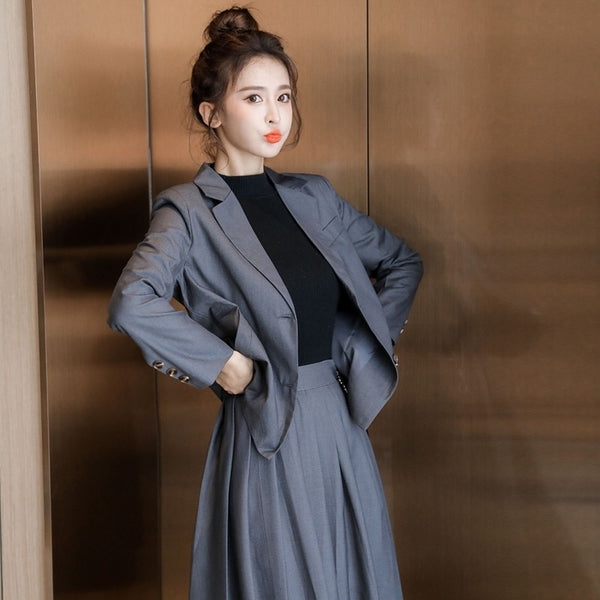Women Sweet Two Piece Sets Korean Women Pleated Skirt+Single-breasted Blazer Suit Female Business Ladies Work Skirt Suits