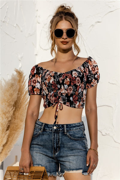 Women T-shirts Sexy Club Female Crop Tops Short Sleeve Off Shoulder Flower Print T-shirt Summer Sleeveless Basic Tees