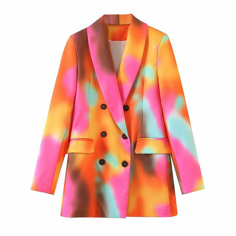 Women Tie-dye Hit Color Double Breasted Blazer Lapel Long Sleeve Loose Jacket Tide Spring Autumn 2022 13T513