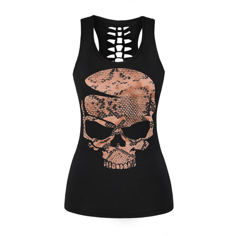 Women Top Tank Black and White Fitness Tops Gothic Skull 3D Printed Beauty Back Hollow Out Sleeveless Slim T Shirts Camisole