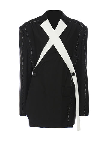 Women Tops Topstitched Cross Big Size Blazer Lapel Long Sleeve Jacket Tide Autumn 2023 Office Lady Coats  G974