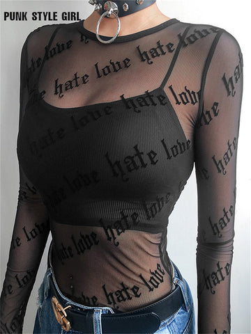 Women Transparent Letter Long Sleeve Sexy Black Mesh T Shirts Punk Club Streetwear Bottoming Shirt Tees Slim Fit Beach Club Tops