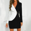 Women Turn Down Neck Long Sleeve Buttons Striped Patchwork Bodycon Blazer Dress Office Ladies Slimmnig Sexy V-Neck Formal Dress