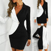 Women Turn Down Neck Long Sleeve Buttons Striped Patchwork Bodycon Blazer Dress Office Ladies Slimmnig Sexy V-Neck Formal Dress