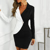 Women Turn Down Neck Long Sleeve Buttons Striped Patchwork Bodycon Blazer Dress Office Ladies Slimmnig Sexy V-Neck Formal Dress