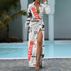 Women Turn-down Collar High Slit Sexy Long Dress Elegant Long Sleeve Party Maxi Dress Newspaper Print Lady Shirt Dresses