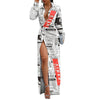 Women Turn-down Collar High Slit Sexy Long Dress Elegant Long Sleeve Party Maxi Dress Newspaper Print Lady Shirt Dresses
