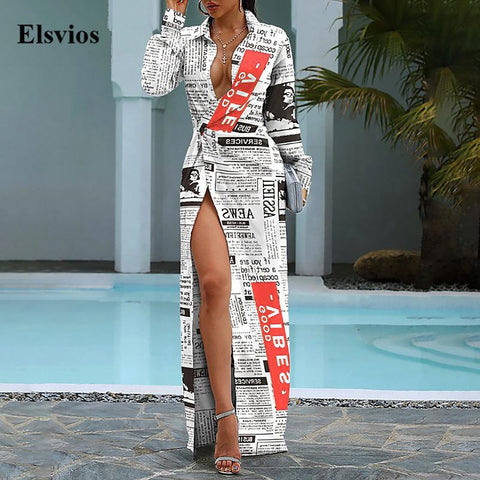 Women Turn-down Collar High Slit Sexy Long Dress Elegant Long Sleeve Party Maxi Dress Newspaper Print Lady Shirt Dresses