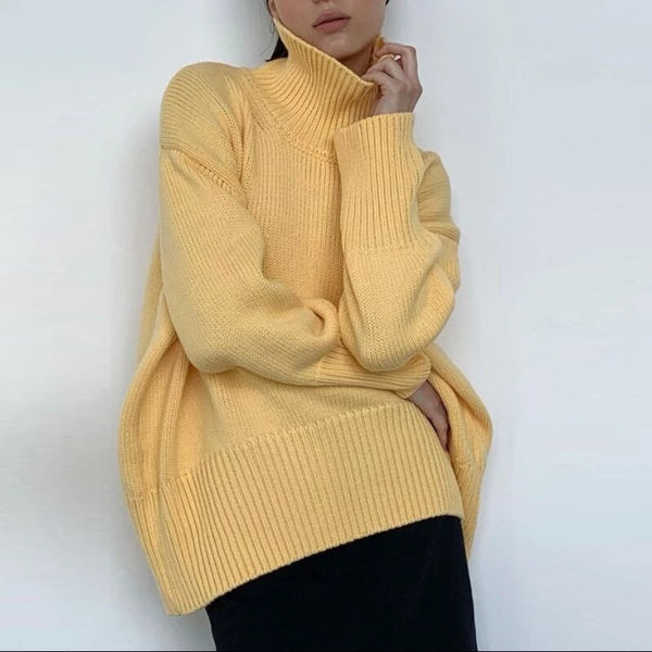 Women Turtleneck Sweater Winter Loose Knitted Sweater Solid Casual Oversized Pullovers Warm Jumper Long Sleeved Sweater Pull