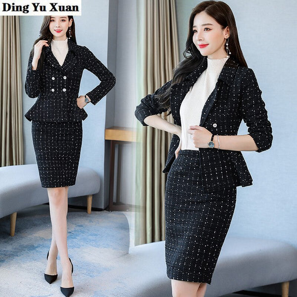 Women Tweed Blazer and Skirt Set Business Womens Autumn Winter 2 Piece Short Skirt Suit Formal Pencil Skirts Suits Office Lady