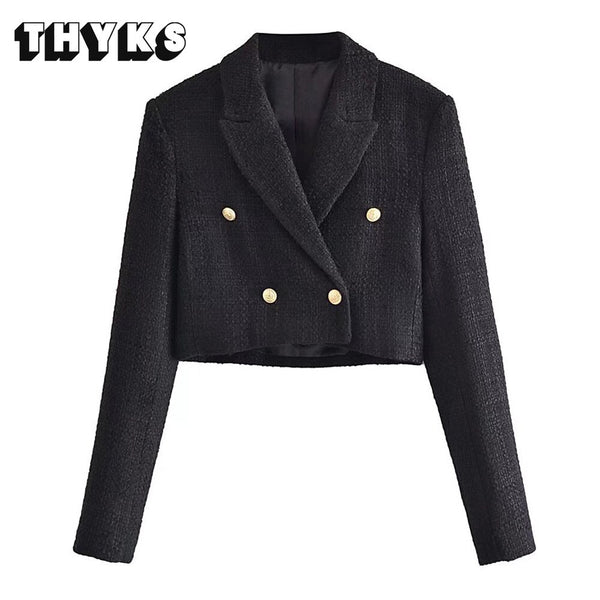 Women Tweed Cropped Blazer Office Coat Vintage Suit Female Outerwear Chic Crop Jacket Veste Femme Za Woman 2023 TRAF Fashion