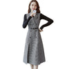 Women Tweed Notched Plaid Blazer Dresses Winter Double-Breasted Long Woolen Vest Houndstooth Sleeveless Suit Split Belted Top