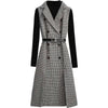 Women Tweed Notched Plaid Blazer Dresses Winter Double-Breasted Long Woolen Vest Houndstooth Sleeveless Suit Split Belted Top