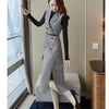 Women Tweed Notched Plaid Blazer Dresses Winter Double-Breasted Long Woolen Vest Houndstooth Sleeveless Suit Split Belted Top