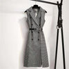 Women Tweed Notched Plaid Blazer Dresses Winter Double-Breasted Long Woolen Vest Houndstooth Sleeveless Suit Split Belted Top