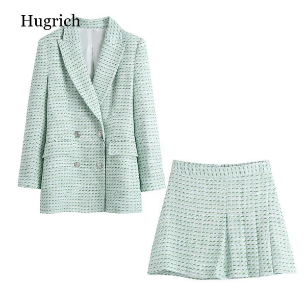 Women Tweed Plaid Blazer 2022 Ladies Vintage England Mini Skirts Suits Streetwear Female Two Piece Set Coat Chic
