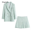 Women Tweed Plaid Blazer 2022 Ladies Vintage England Mini Skirts Suits Streetwear Female Two Piece Set Coat Chic