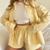 Women Two-Piece Casual Plaid Long-Sleeved Shirt Top Wide-Leg Pants 2 Piece Loose High-Waist Shorts Set Home Furnishing Autumn