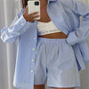 Women Two-Piece Casual Plaid Long-Sleeved Shirt Top Wide-Leg Pants 2 Piece Loose High-Waist Shorts Set Home Furnishing Autumn