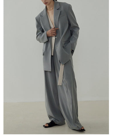 Women Two Pieces Set Design Suit Coat Contrast Color Single Button Cardigan Straight Long Sleeve Office Lady Blazer