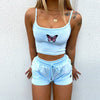 Women Two-piece Clothes Set Butterfly Embroidery Pattern Camisole Elastic Waist Shorts Sets Tracksuit Sportswear Summer Female