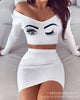 Women Two-piece Suit Casual Sexy White Eyes Long Sleeve Dress Set