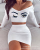 Women Two-piece Suit Casual Sexy White Eyes Long Sleeve Dress Set
