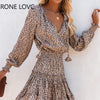 Women V-Neck Cheetah Ruffles Long Sleeve Dress Leopard Print Dress  Elegant Chic Dress