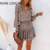 Women V-Neck Cheetah Ruffles Long Sleeve Dress Leopard Print Dress  Elegant Chic Dress