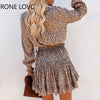 Women V-Neck Cheetah Ruffles Long Sleeve Dress Leopard Print Dress  Elegant Chic Dress
