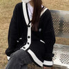 Women V Neck Knitted Cardigan Sweater Female Vintage Houndstooth Knit Sweaters Long Sleeve Autumn Oversized Jumper Tops