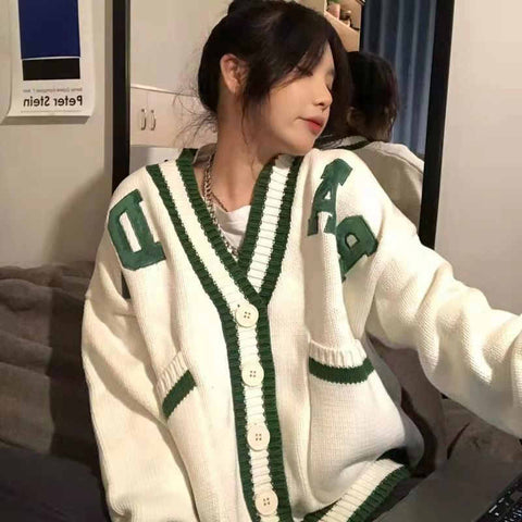 Women V Neck Knitted Cardigan Sweater Female Vintage Houndstooth Knit Sweaters Long Sleeve Autumn Oversized Jumper Tops