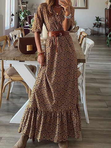 Women V Neck Maxi Long Ruffles Dress Casual Ladies Summer Beach Holiday Floral Printed Long Dress Short Sleeve Dress Mujer 2023