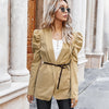 Women V-Neck Solid Colors Mid-Length Casual Office Blazer Buttonless Puff Sleeve Blazer Spring Autumn Commute Jackets