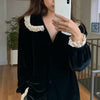 Women Velvet Lace Blouse Shirts Retro Lace Lolita Tops Peter Pan Collar Sweet Chic Vintage Casual All-Match Stylish Blouses