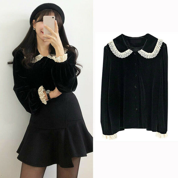 Women Velvet Lace Blouse Shirts Retro Lace Lolita Tops Peter Pan Collar Sweet Chic Vintage Casual All-Match Stylish Blouses