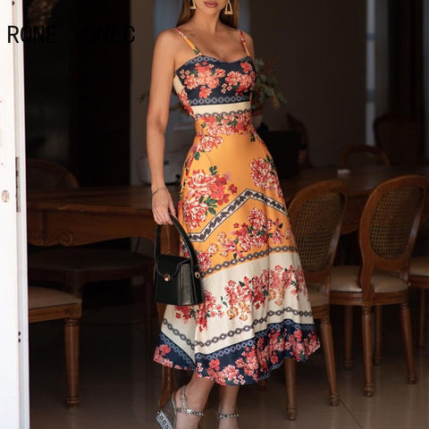 Women Vintage A Line All Over  Print Cami Sexy Midi Party Dress