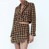 Women Vintage Elegant Tweed Houndstooth Plaid Skirts Suits Cropped Texture Blazer Mini Skirts Ladies Outwear 2 Piece Set